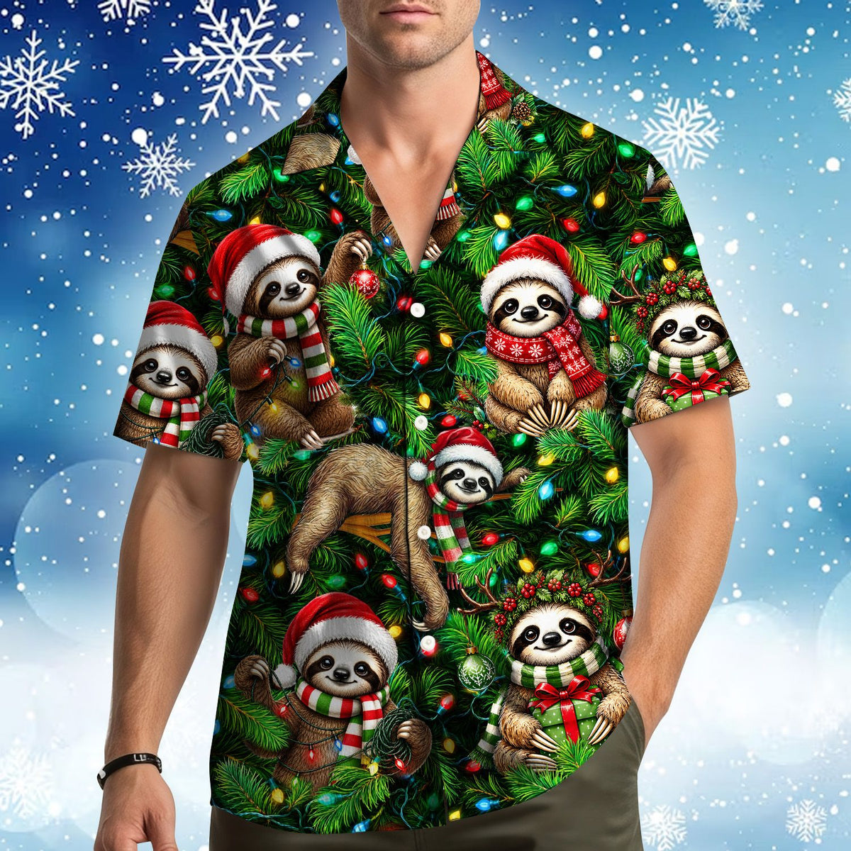 Second lifestyle view of the Christmas sloths hawaiian shirt