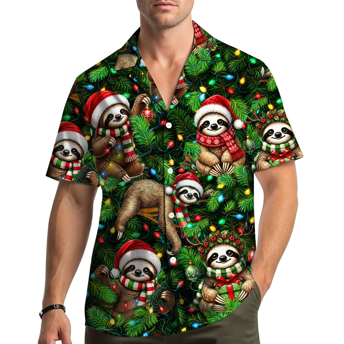 Third lifestyle view showing the matching family hawaiian shirts outdoors