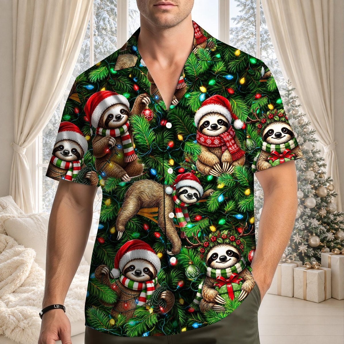 Lifestyle view of someone wearing the matching family hawaiian shirts
