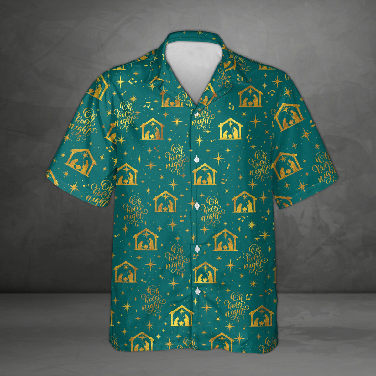 Teal holiday hawaiian shirt displaying beautiful gold stars and manger scenes, front view