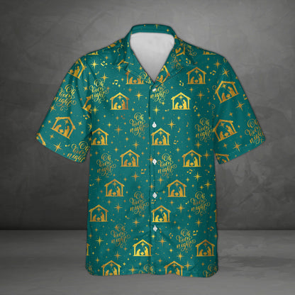 Teal holiday hawaiian shirt displaying beautiful gold stars and manger scenes, front view
