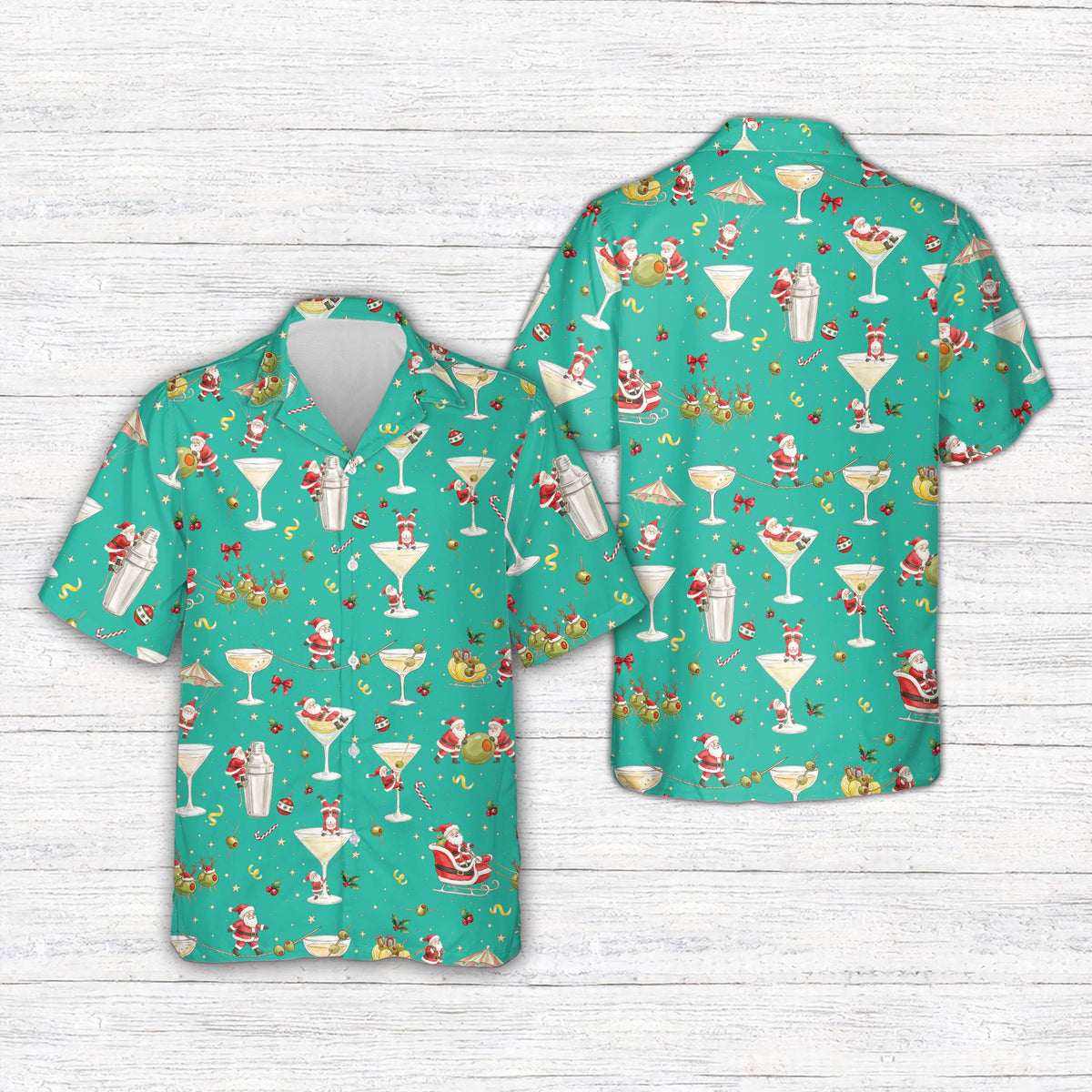 Teal matching family hawaiian shirt with festive cocktail pattern, front view