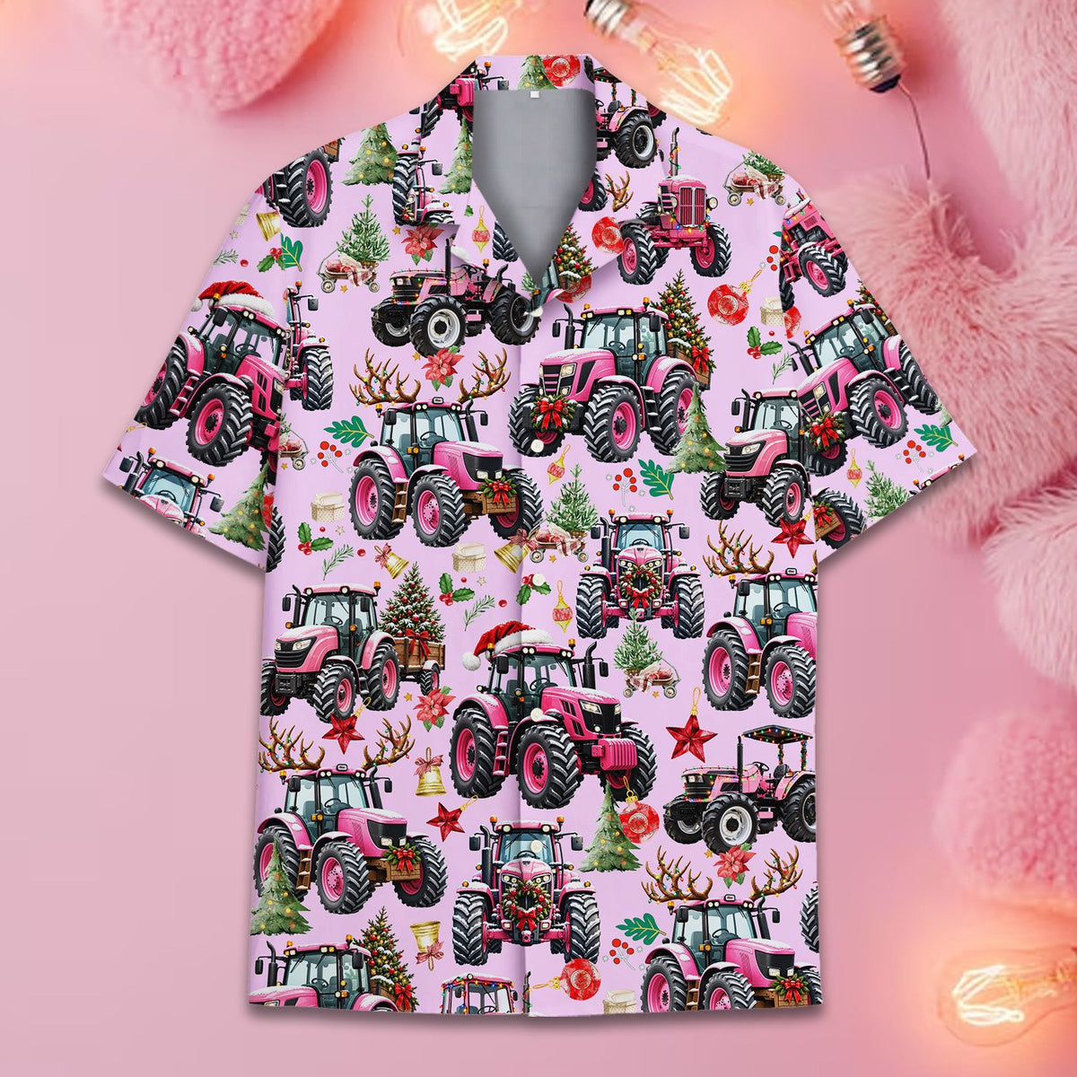 Matching family hawaiian shirts with multicolor christmas tractor design front view