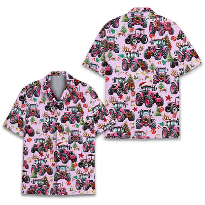 Christmas tractor hawaiian shirt on light pink background front view