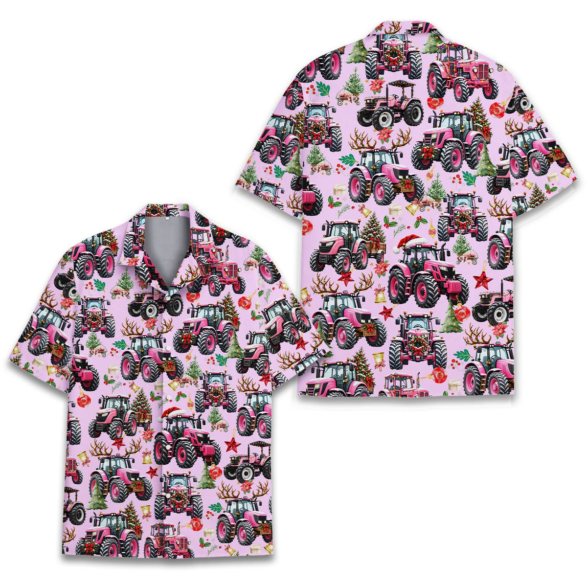 Flat lay of christmas tractor hawaiian shirt in pink