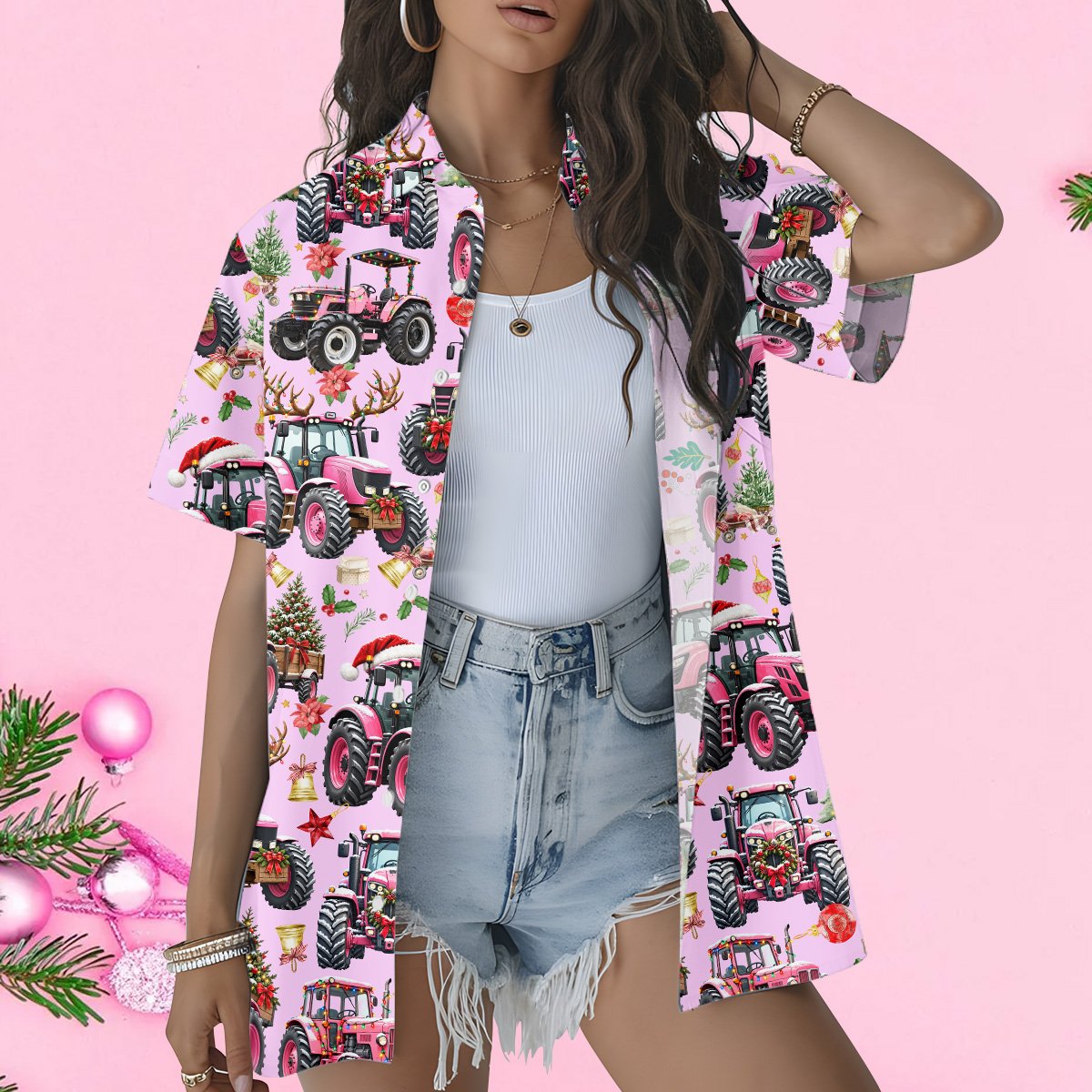 Lifestyle view of christmas tractor hawaiian shirt in pink