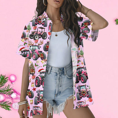 Lifestyle view of christmas tractor hawaiian shirt in pink