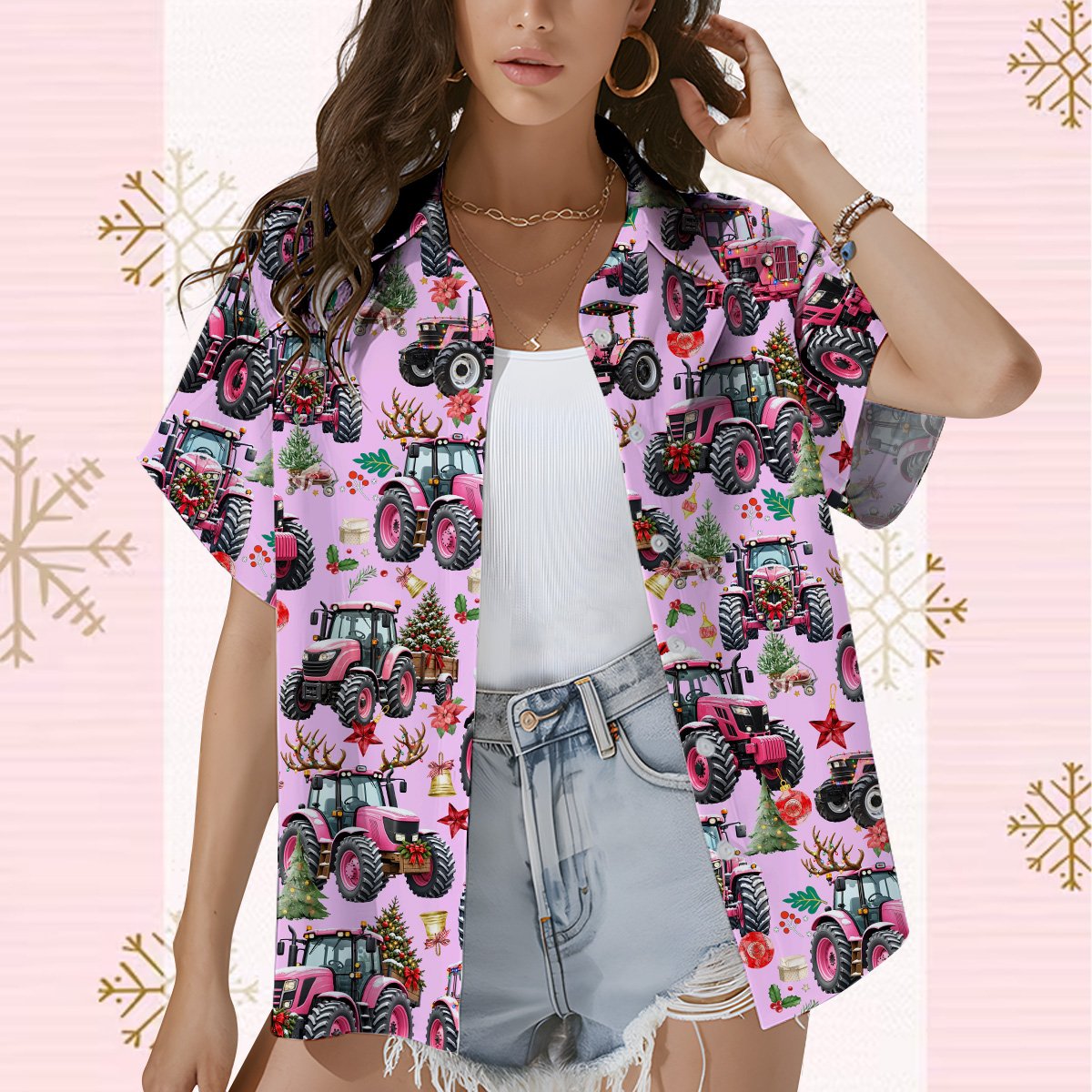 Couple wearing matching family hawaiian shirts with pink christmas tractor pattern