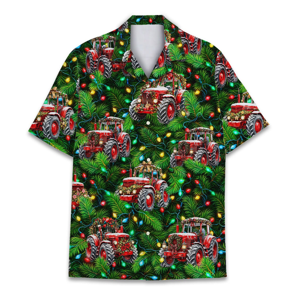 Front view of the Christmas tractors hawaiian shirt featuring red tractors and string lights on a green pine needle background