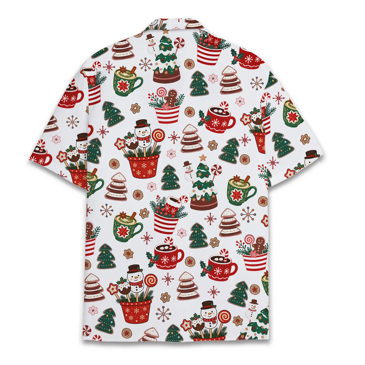 Back view of the matching family hawaiian shirts in Christmas treats design