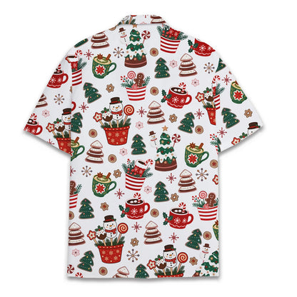 Back view of the matching family hawaiian shirts in Christmas treats design