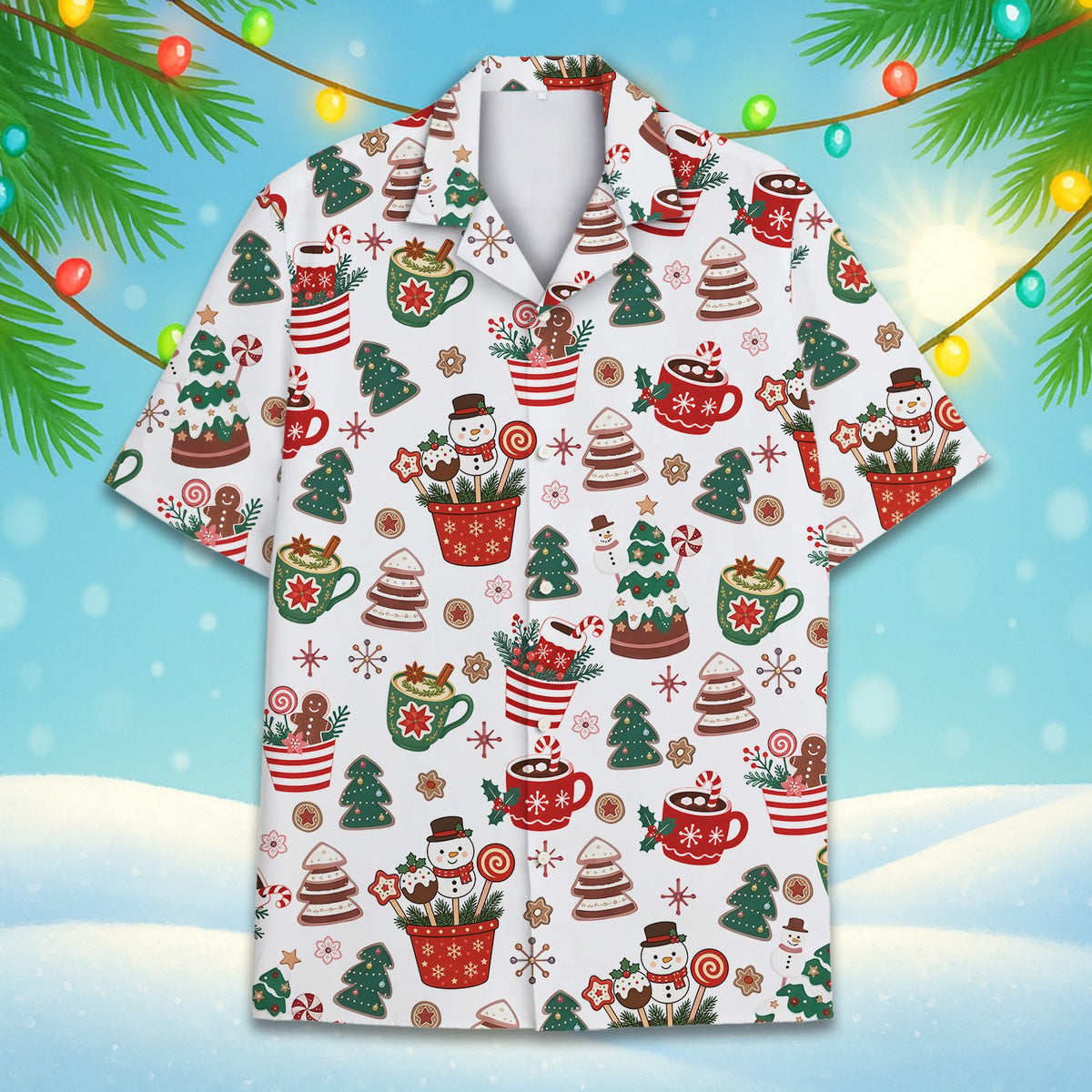 Detailed front view of the christmas treats hawaiian shirt