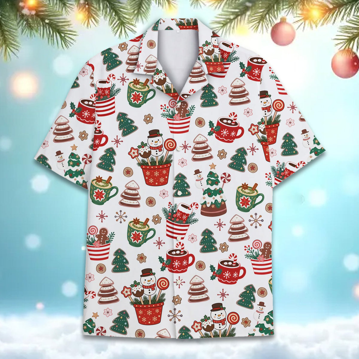 Close-up front view of the festive treats hawaiian shirt