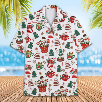 Christmas treats hawaiian shirt featuring hot cocoa and gingerbread men on white background