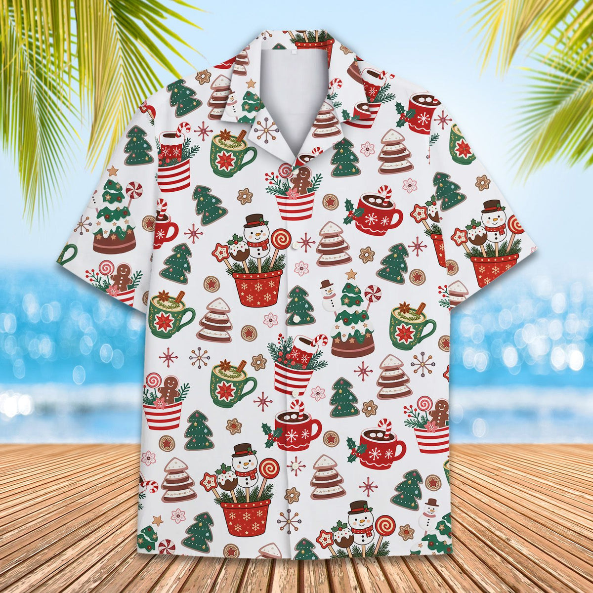 Christmas treats hawaiian shirt featuring hot cocoa and gingerbread men on white background