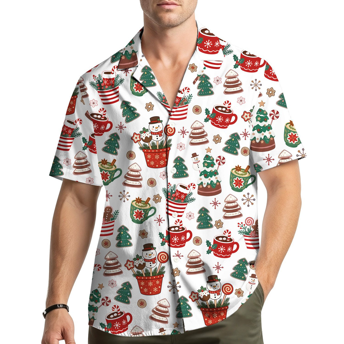 Lifestyle view of people wearing the christmas treats hawaiian shirt