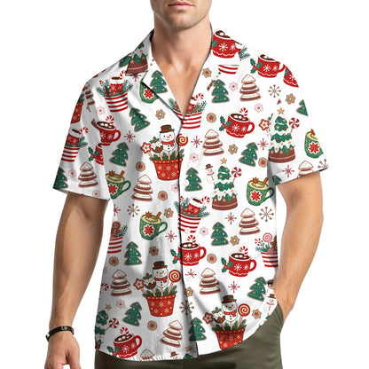 Lifestyle view of people wearing the christmas treats hawaiian shirt