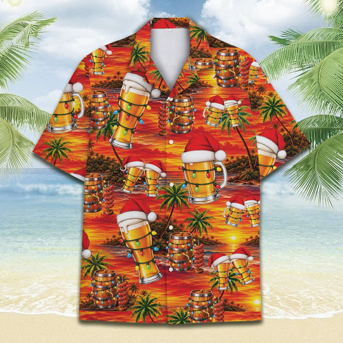 Close-up front view of the tropical holiday beer shirt