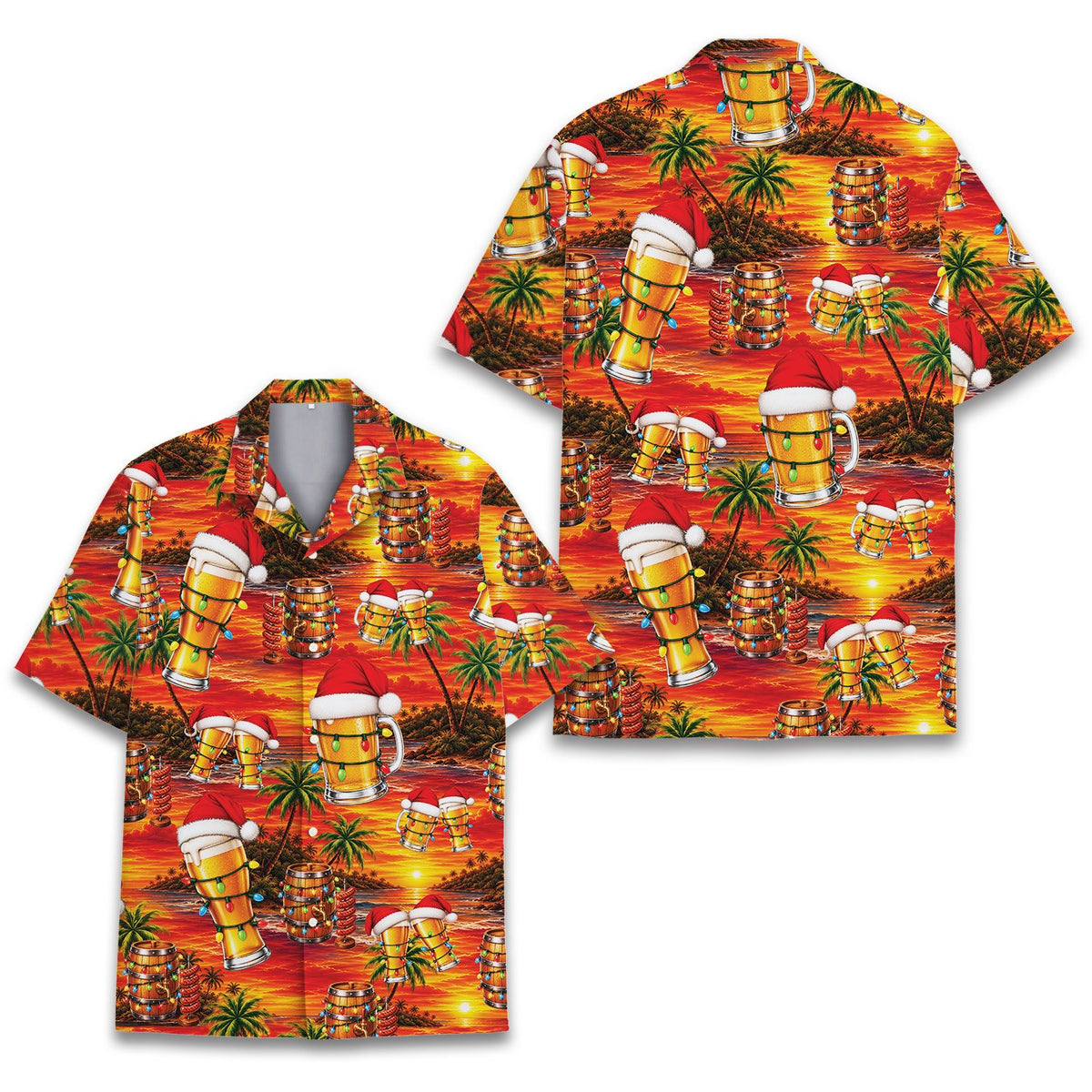 Full front view of the red and orange christmas hawaiian shirt
