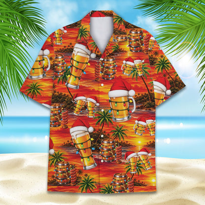 Matching family hawaiian shirt with christmas tropical beer design, front view