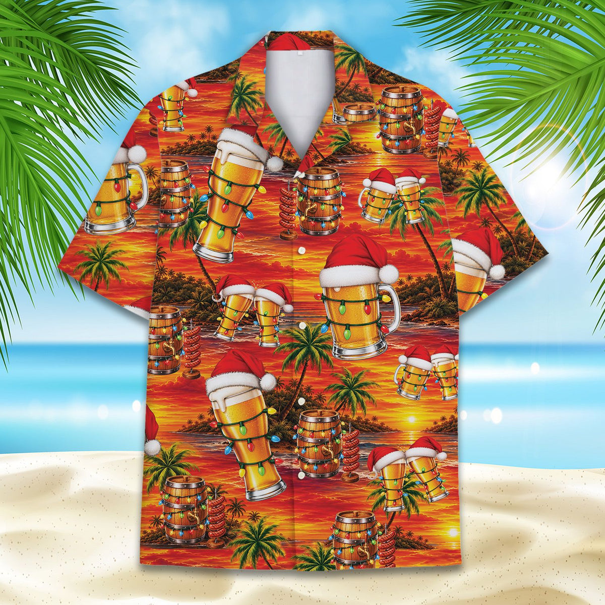 Front detail of the christmas tropical beer hawaiian shirt