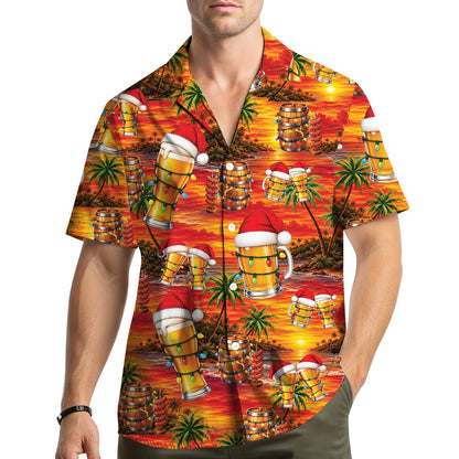 Lifestyle view of someone wearing the festive matching family hawaiian shirt
