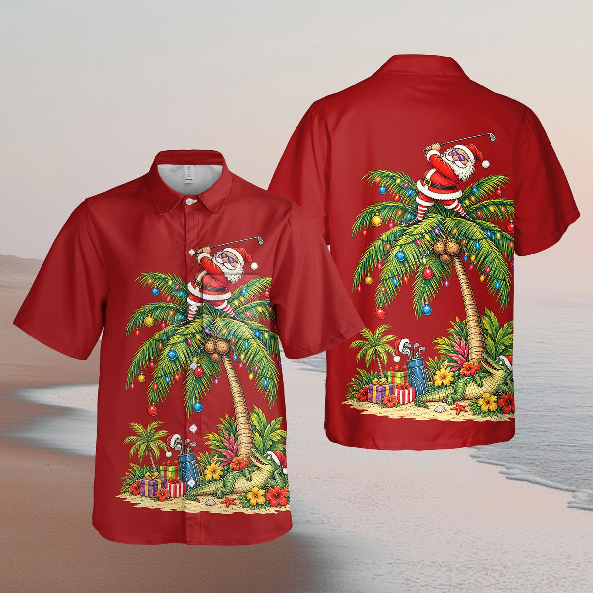 Detailed front view of the christmas hawaiian shirt design