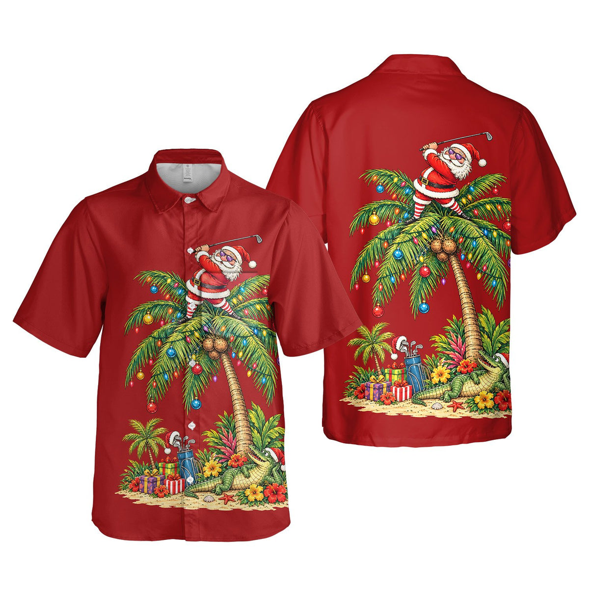 Front view of the matching family hawaiian shirt featuring golfing Santa