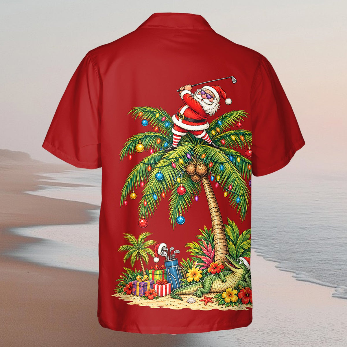 Second back view of the red tropical holiday shirt