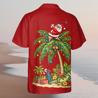 Second back view of the red tropical holiday shirt