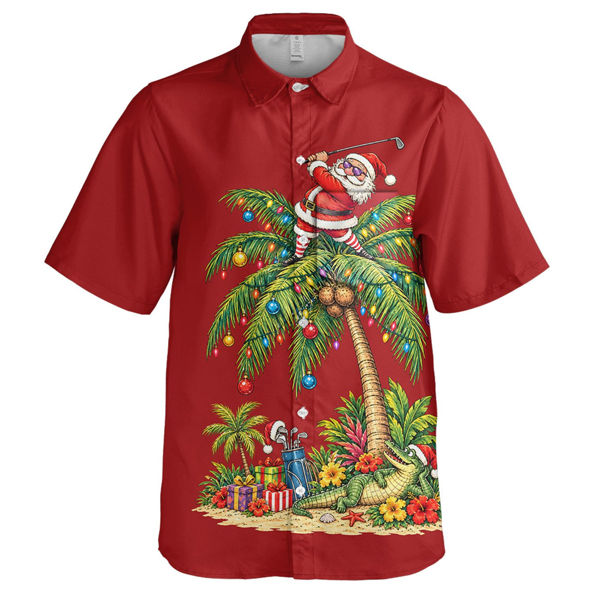 Another front view of the red holiday tropical hawaiian shirt