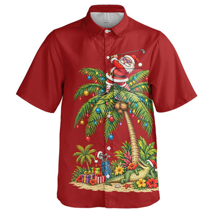 Another front view of the red holiday tropical hawaiian shirt