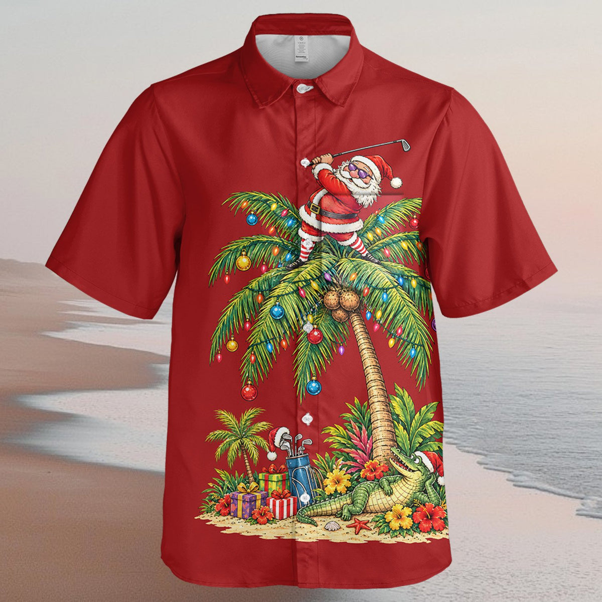 Main view of the red christmas tropical golf hawaiian shirt