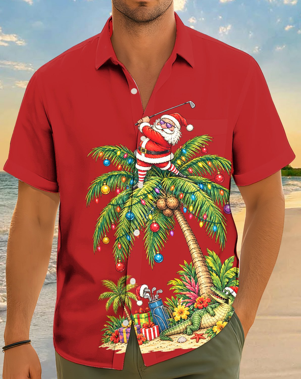 Lifestyle view of the matching family hawaiian shirts