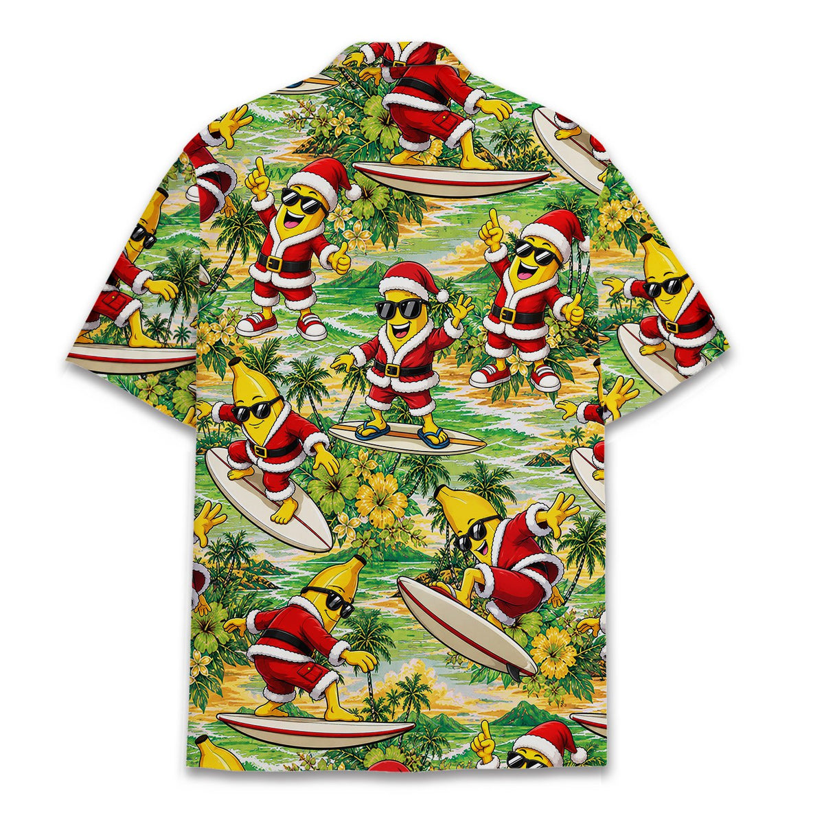 Back view of the matching family hawaiian shirt showing the continuous tropical pattern