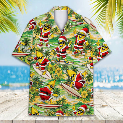 Alternative front view of the holiday hawaiian shirt with surfing bananas