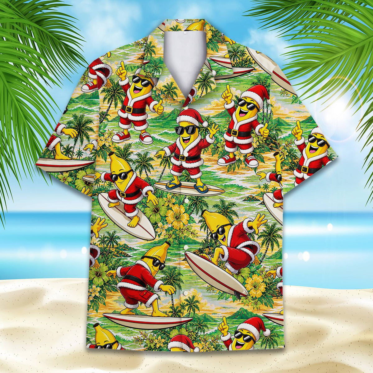 Another front view showcasing the red, green, and yellow tropical Christmas pattern