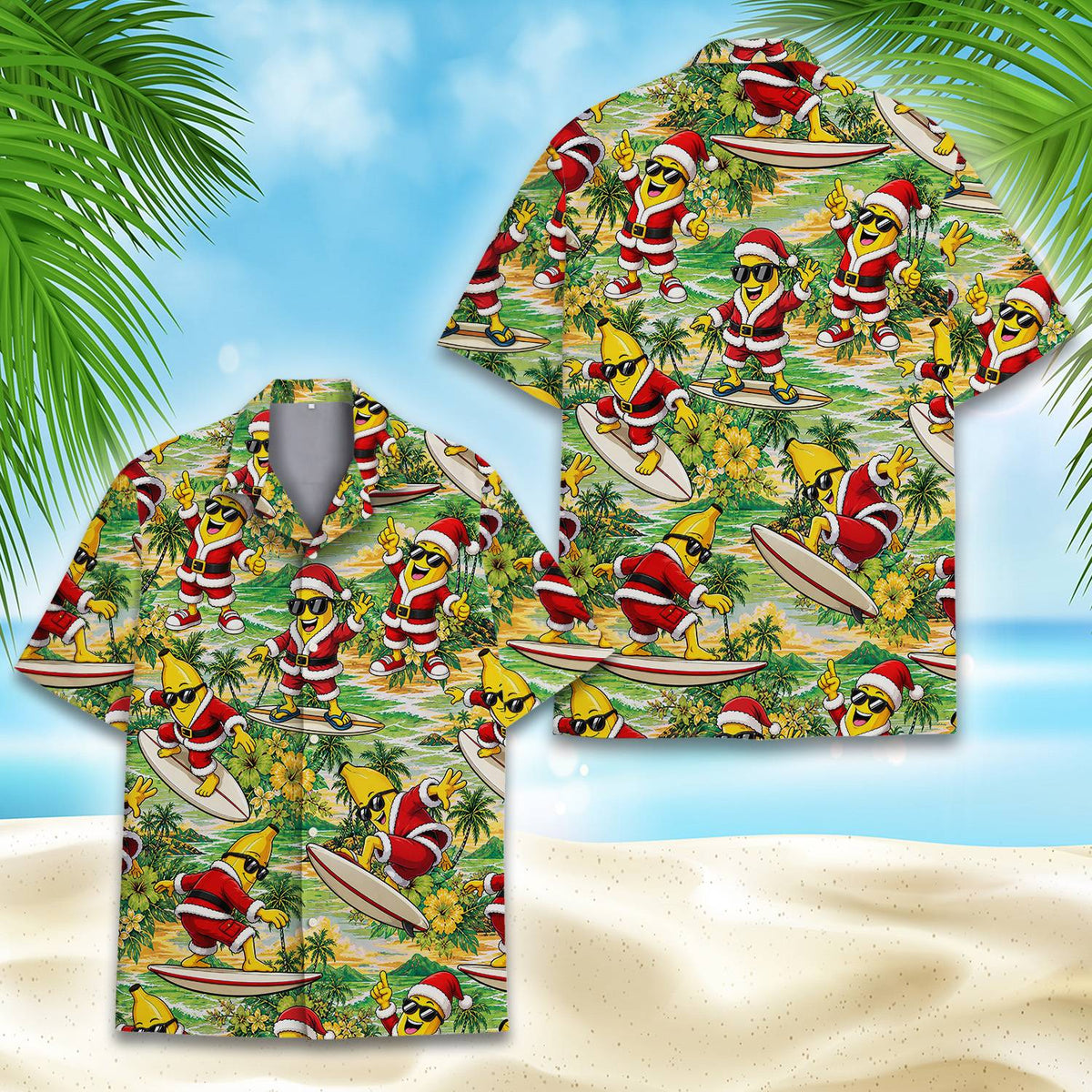 Detailed front view of the christmas tropical hawaiian shirt button-up style