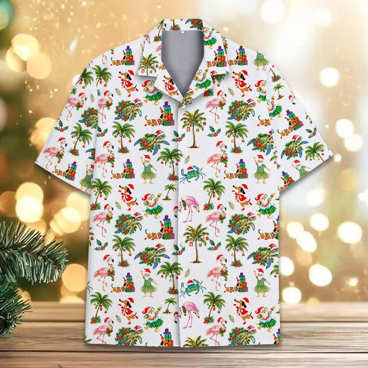 Matching family hawaiian shirts with a tropical christmas print, front view variation