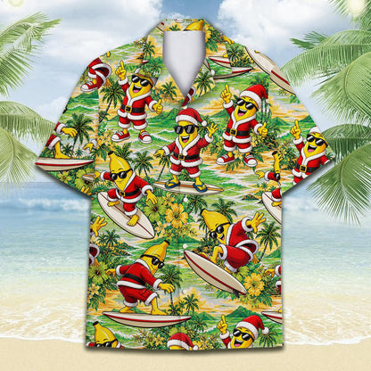 Front view of the matching family Hawaiian shirt with green palm trees and hibiscus flowers