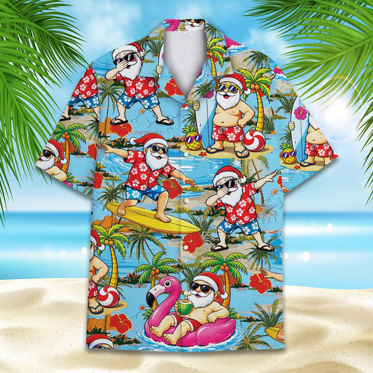 Matching family Christmas tropical Hawaiian shirt featuring surfing Santa print, main view