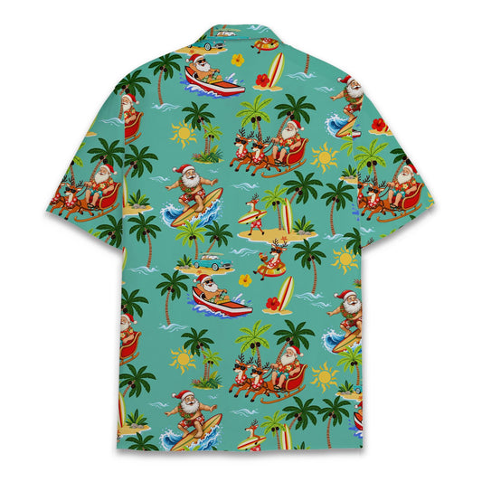 Teal christmas hawaiian shirt featuring tropical holiday pattern with surfing Santa, main view