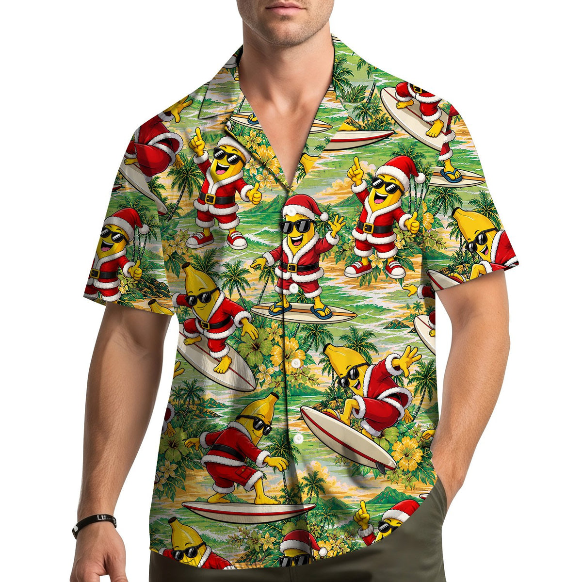 Lifestyle view of someone wearing the christmas tropical hawaiian shirt outdoors