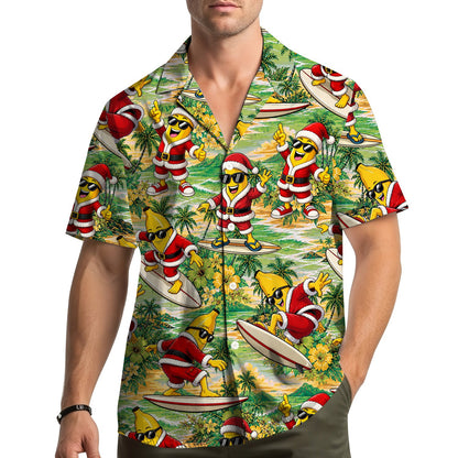 Lifestyle view of someone wearing the christmas tropical hawaiian shirt outdoors