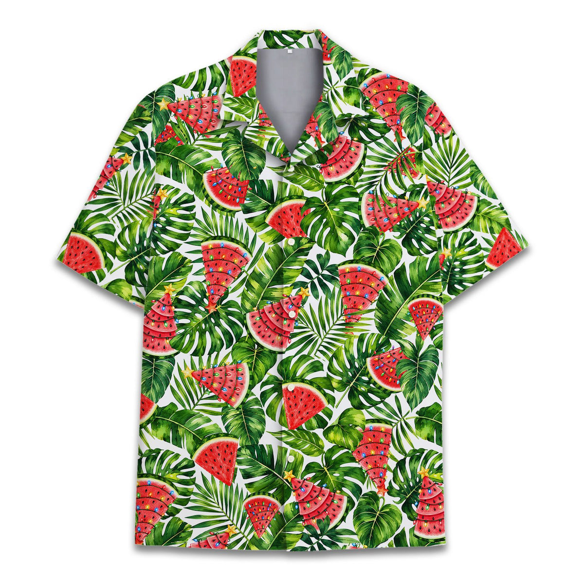 Front view of the christmas tropical watermelon hawaiian shirt with white, green, and red festive pattern