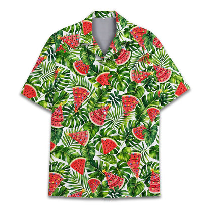 Front view of the christmas tropical watermelon hawaiian shirt with white, green, and red festive pattern