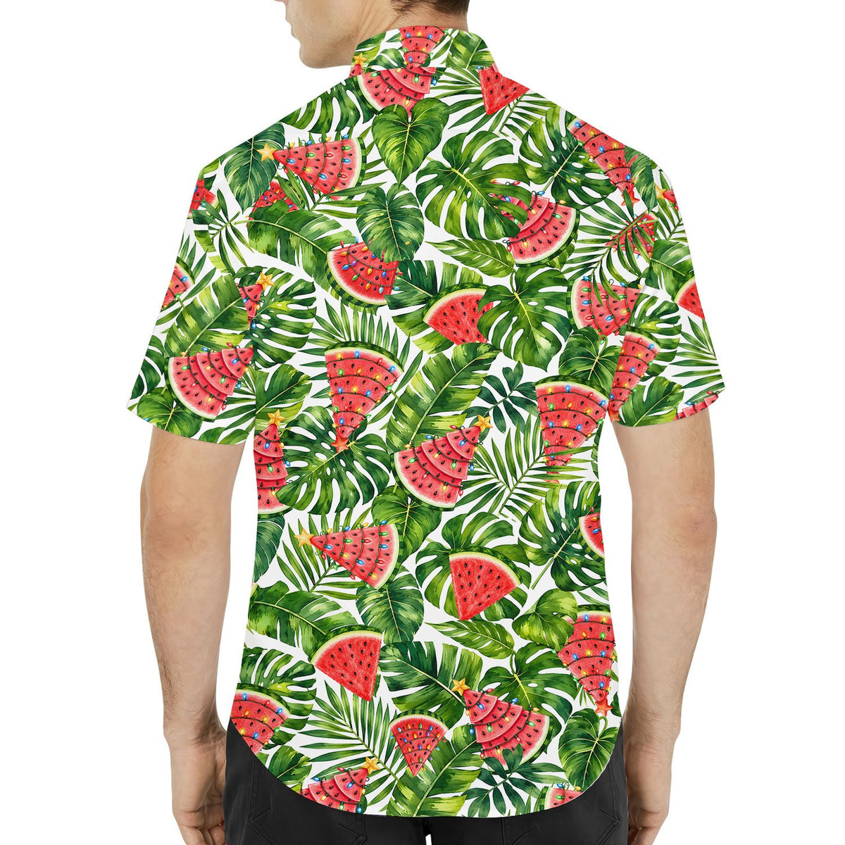 Another lifestyle view of the Christmas tropical watermelon hawaiian shirt being worn