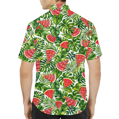 Another lifestyle view of the Christmas tropical watermelon hawaiian shirt being worn