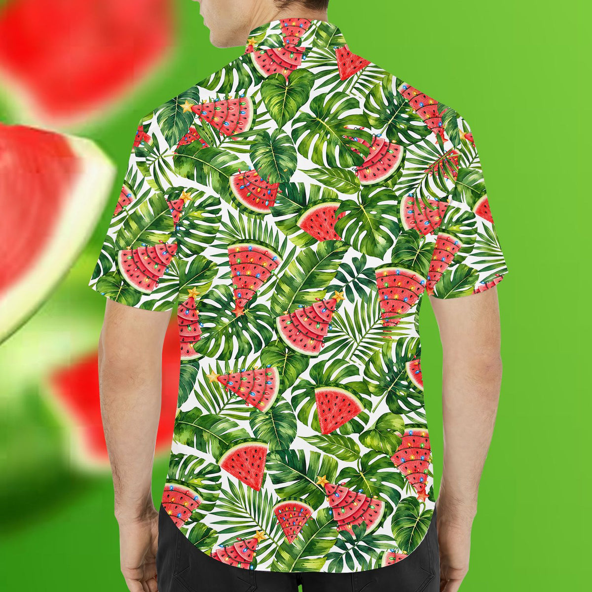 Wide lifestyle view showing the full fit of the matching family hawaiian shirt