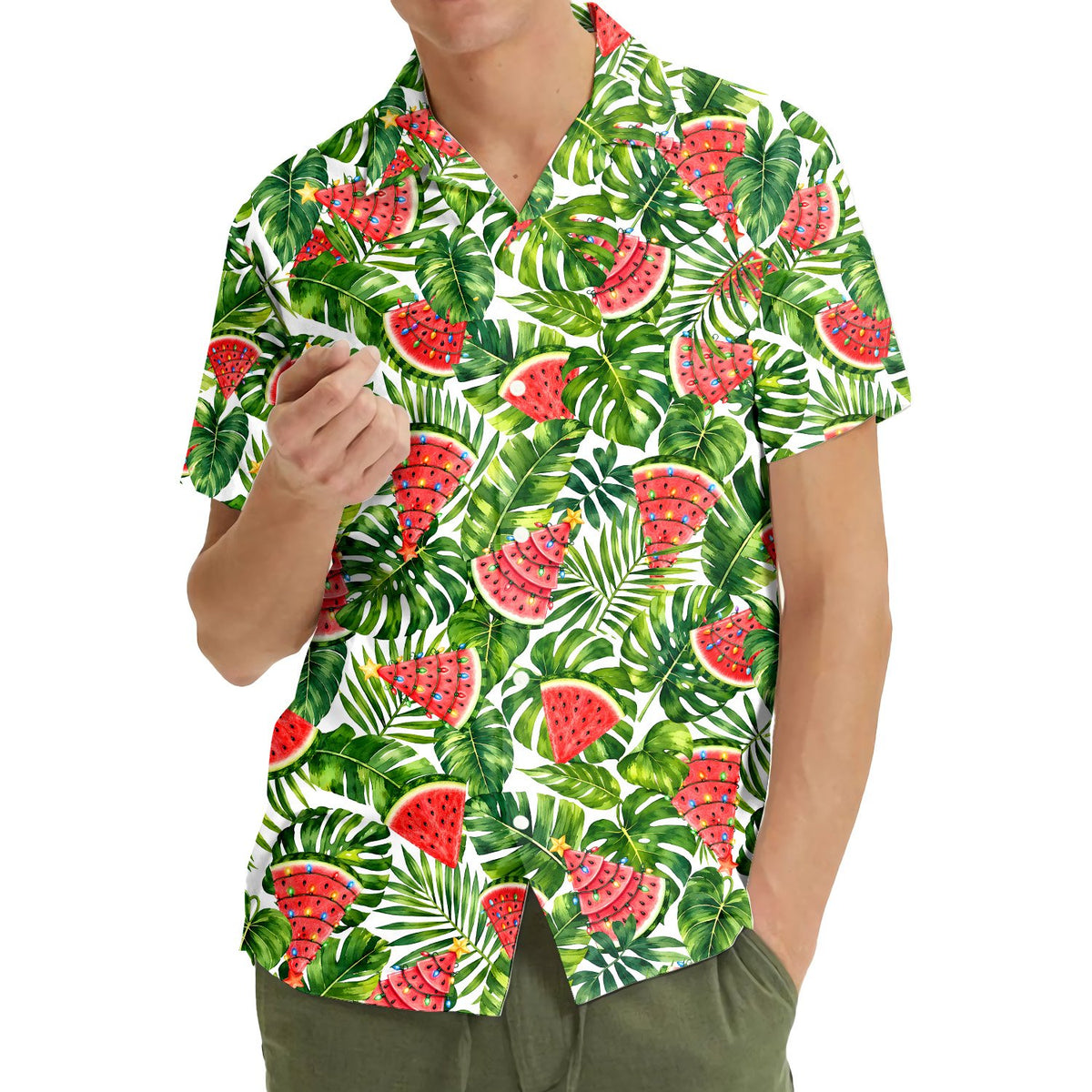 Lifestyle view of adults wearing the matching family hawaiian shirts with watermelon trees